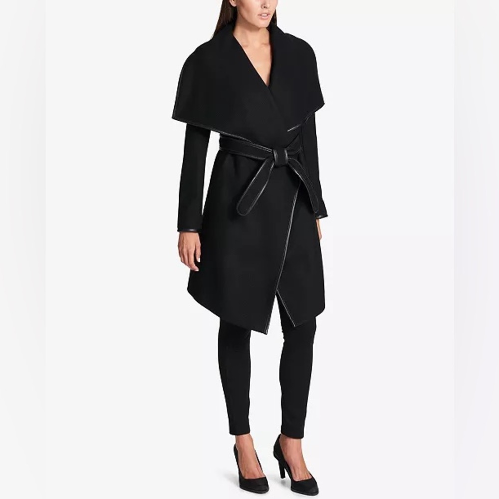 Suzy Shier Black Wrap Belted Coat